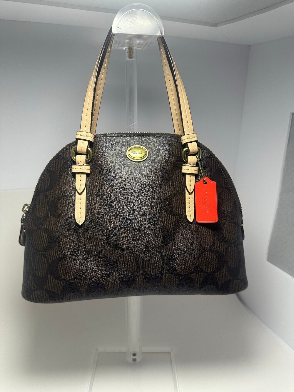 Coach Peyton Mini Cora F32584 Signature Brown Tan Domed Satchel Handbag